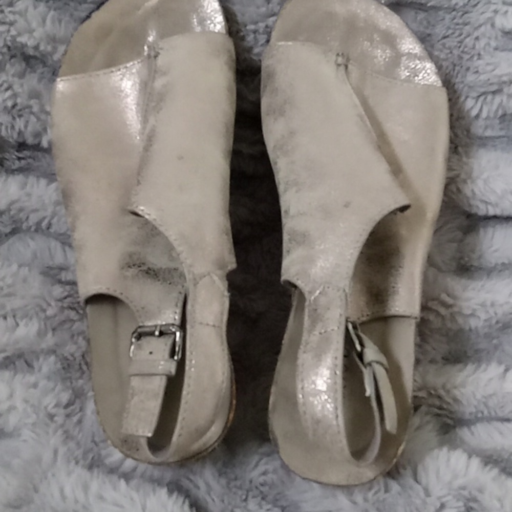 Pierre Dumas with wedgde heel. Very comfy. Pretty grey/silvery color.